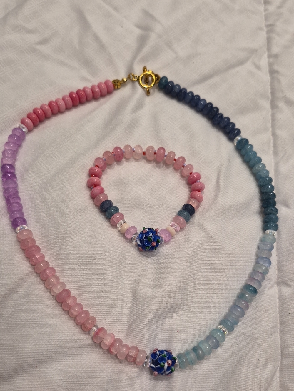 Handcrafted Pink & Blue Glass Bead Necklace with Matching Bracelet